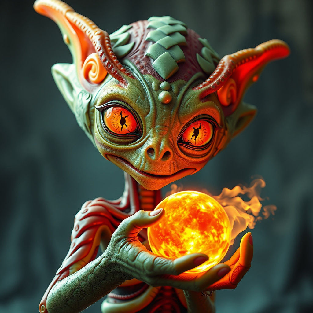 Alien Cyborg with Fiery Planet in Hand