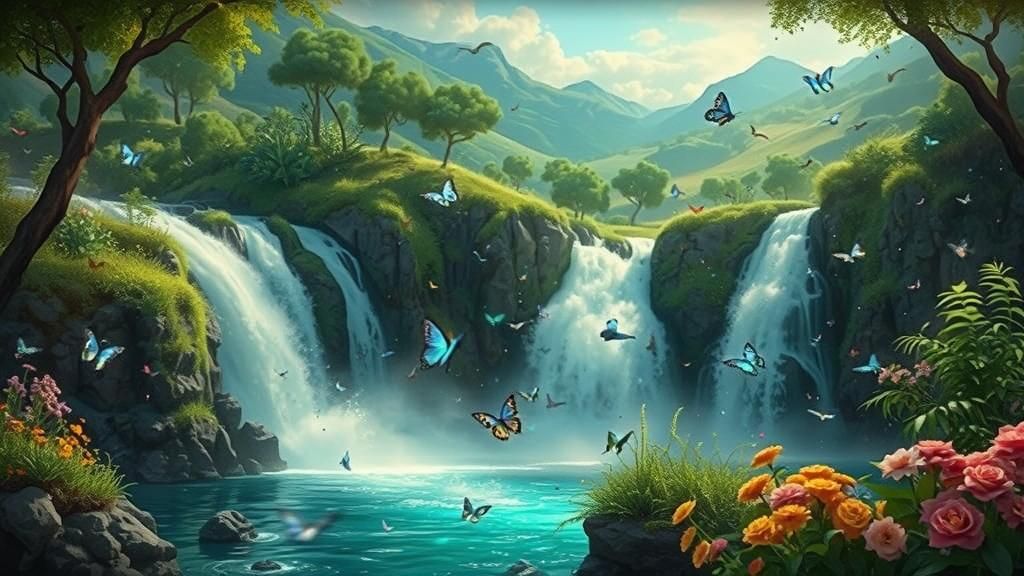 Fairytale Paradise Waterfall with Butterflies in 3D Art