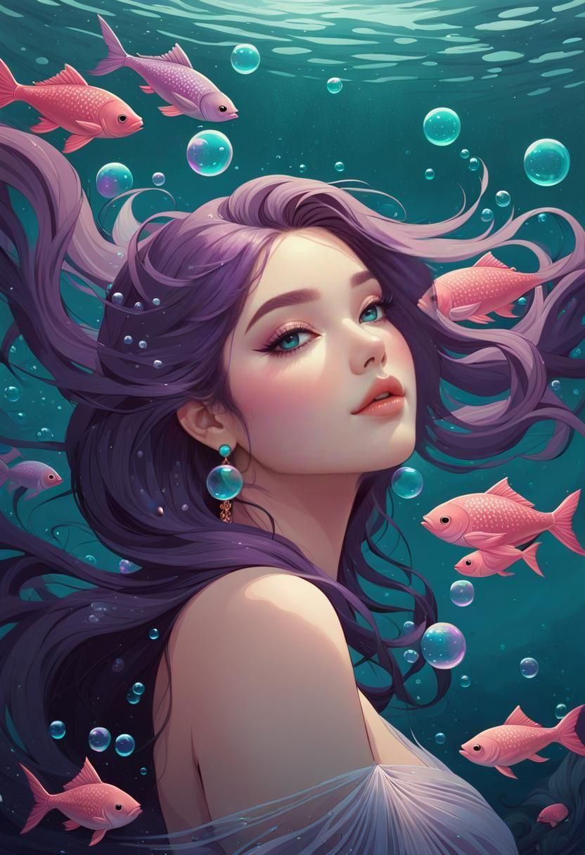 Ethereal Portrait of Woman with Fish in Art Nouveau Style