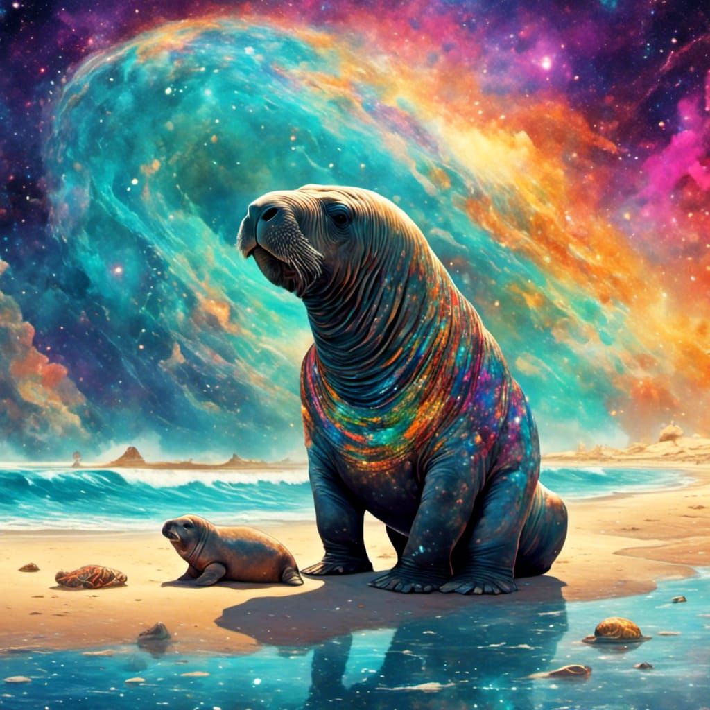 Walrus in Holographic Bikini with Nebula Sky