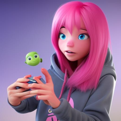 Gamer Girl with Console in Pixar-style 3D Art