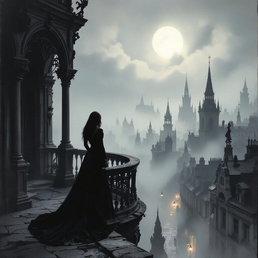 Gothic Balcony Scene in Victorian Art Nouveau Style