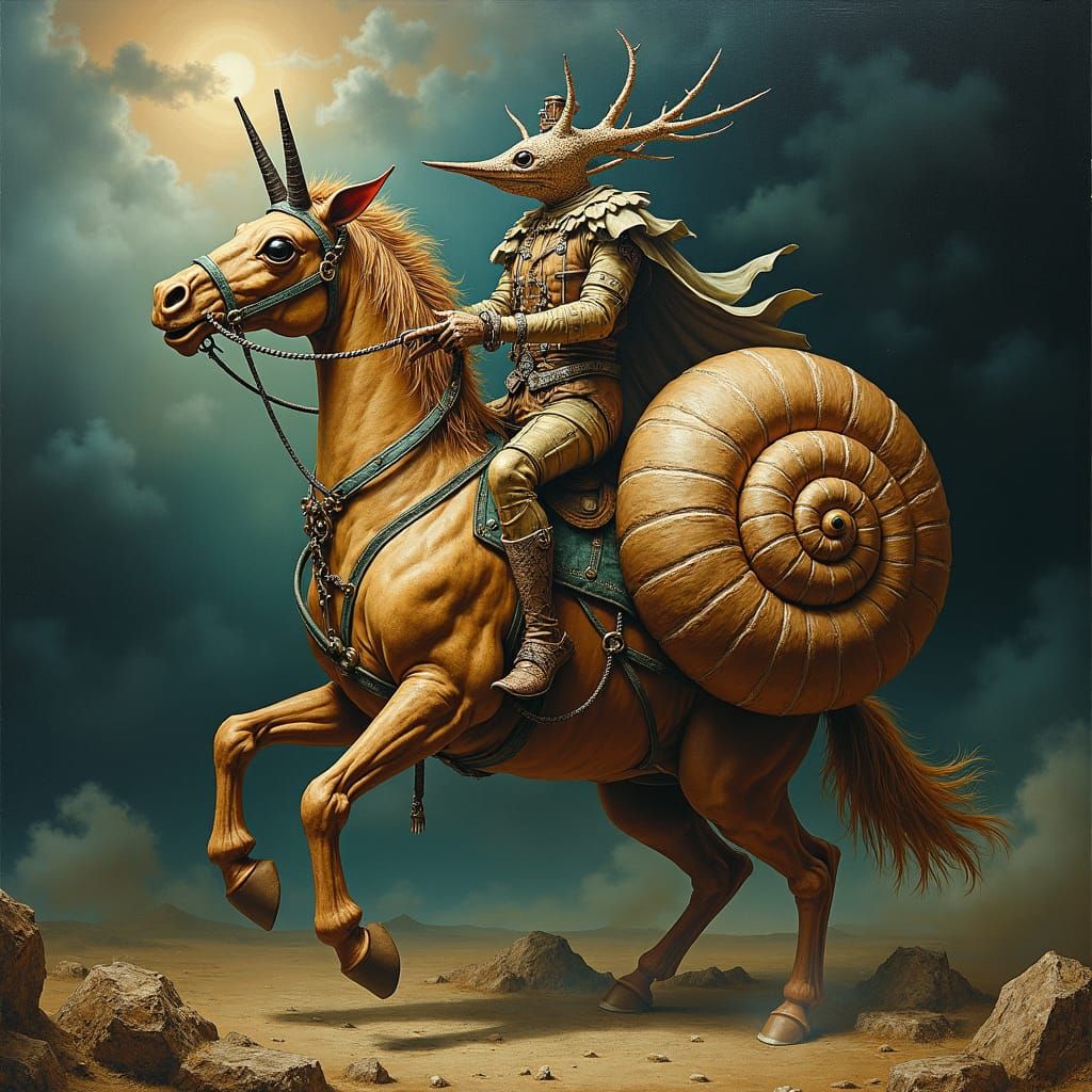 Apocalyptic Snail Rider in Surrealist Style