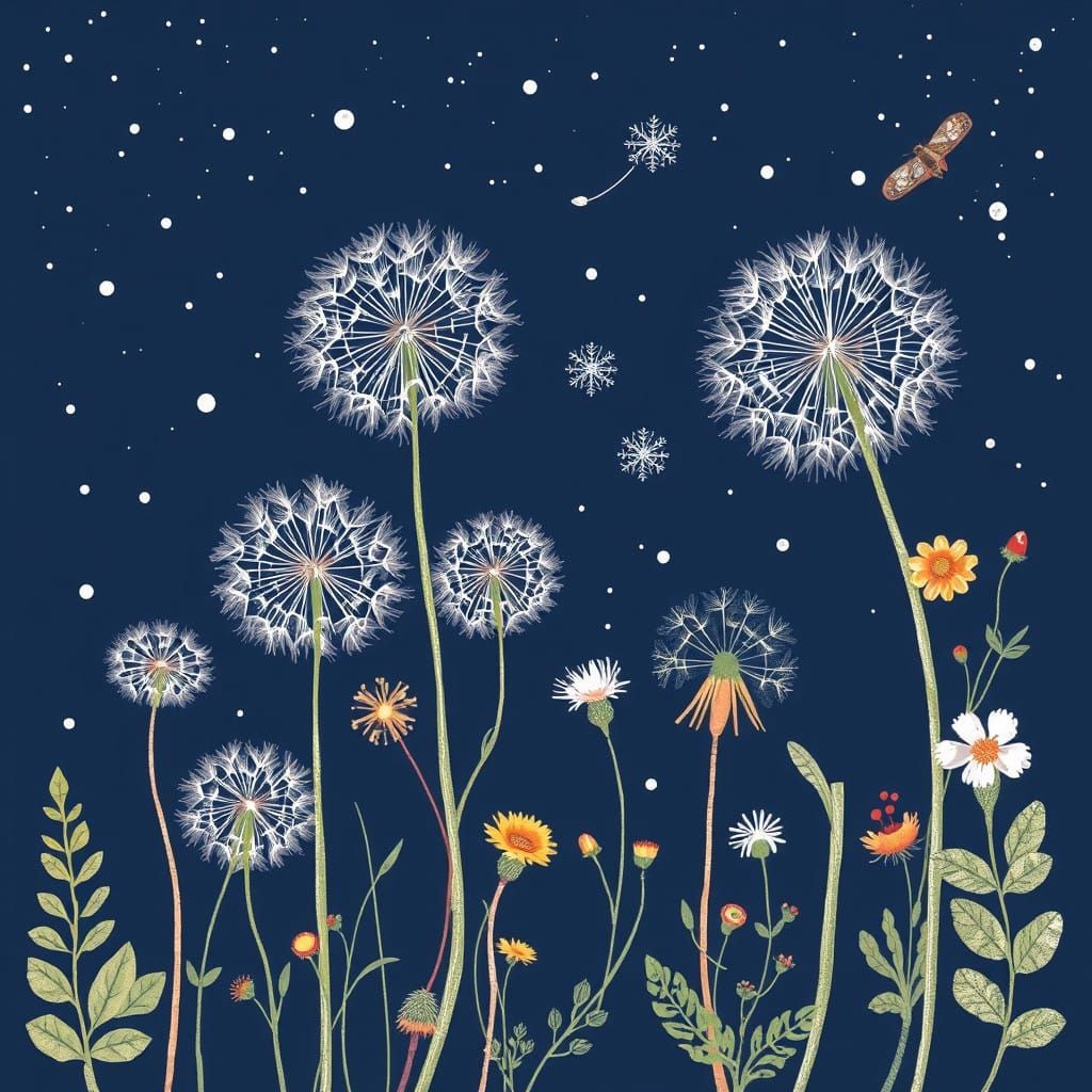 Whimsical Celestial Garden Blooms with Dandelions