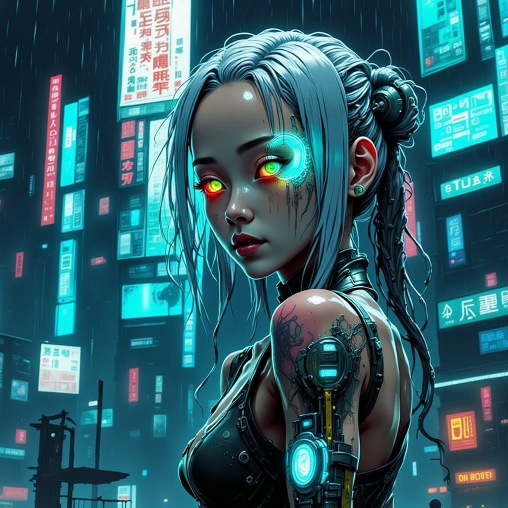 Elf-Cyborg with Neon Shimmer in Manga Style
