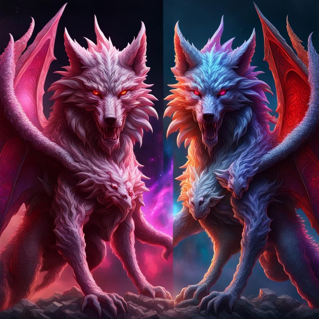Angelic and Demonic Wolf Dragon in Cosmic Colors