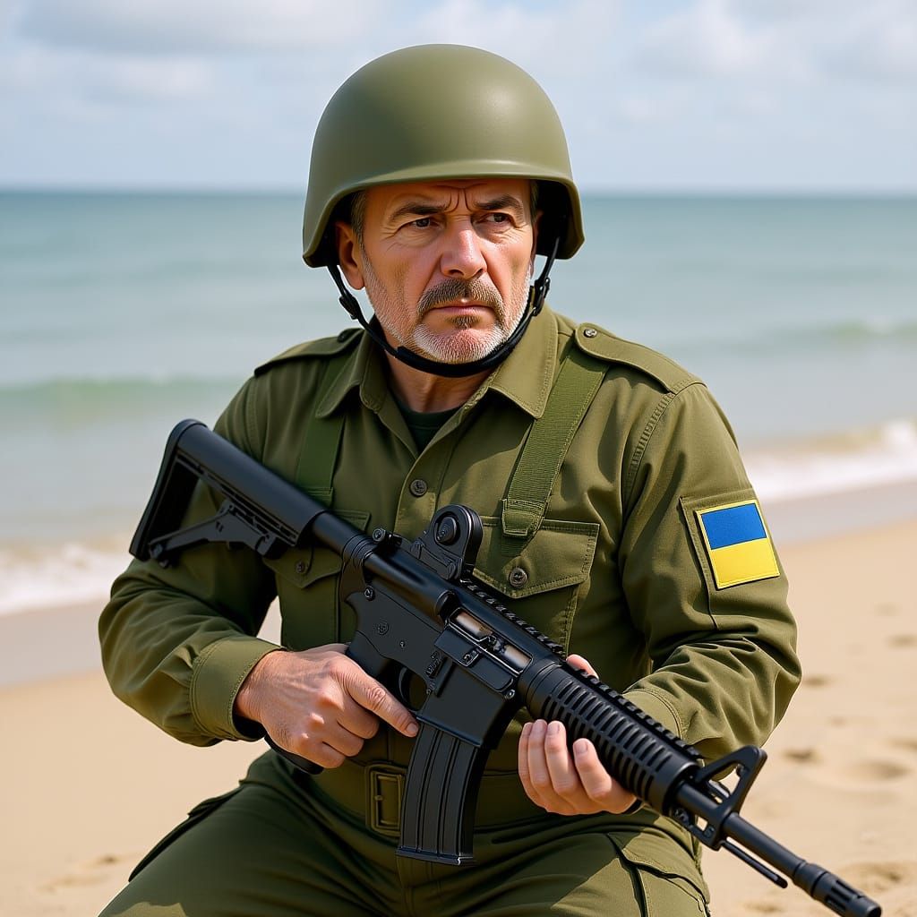 Soldier on Beach with Ukrainian Flag Patch