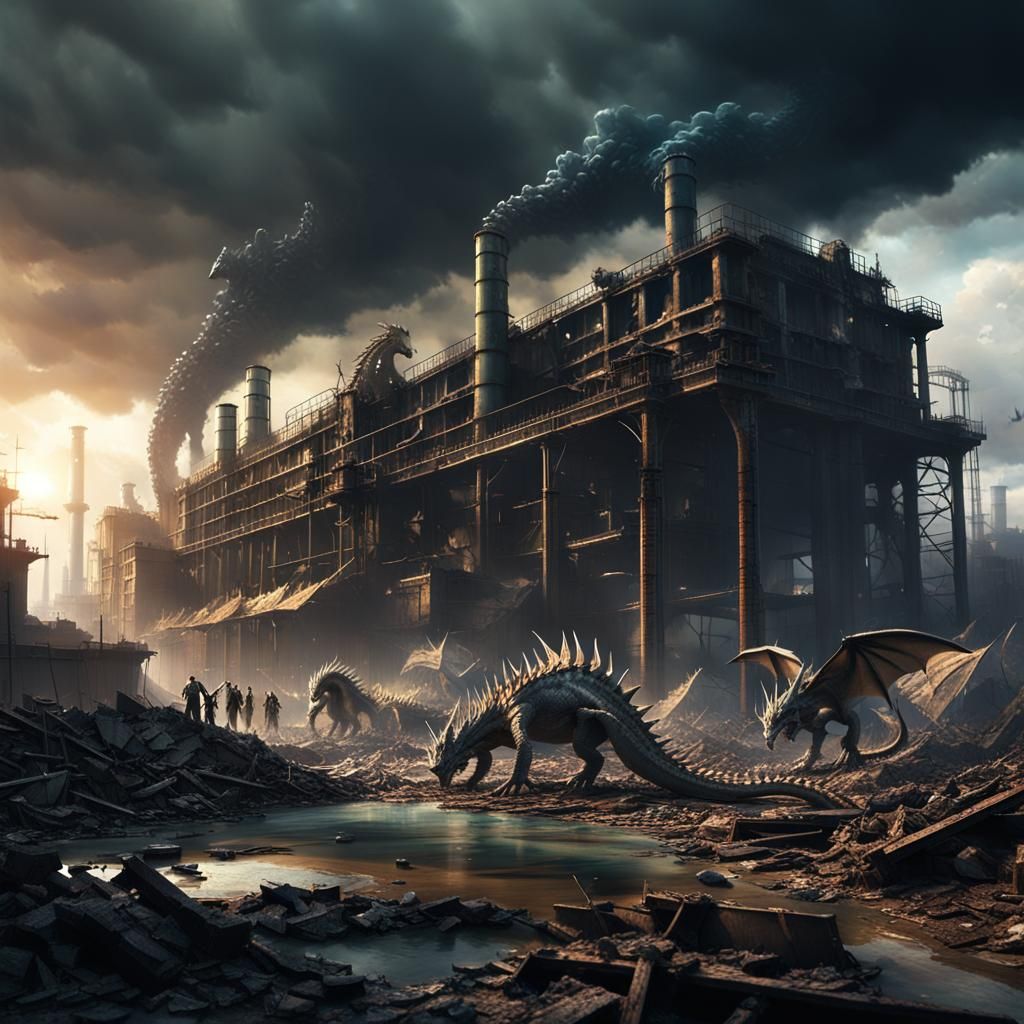 Dystopian Dragons Storm Industrial Wasteland