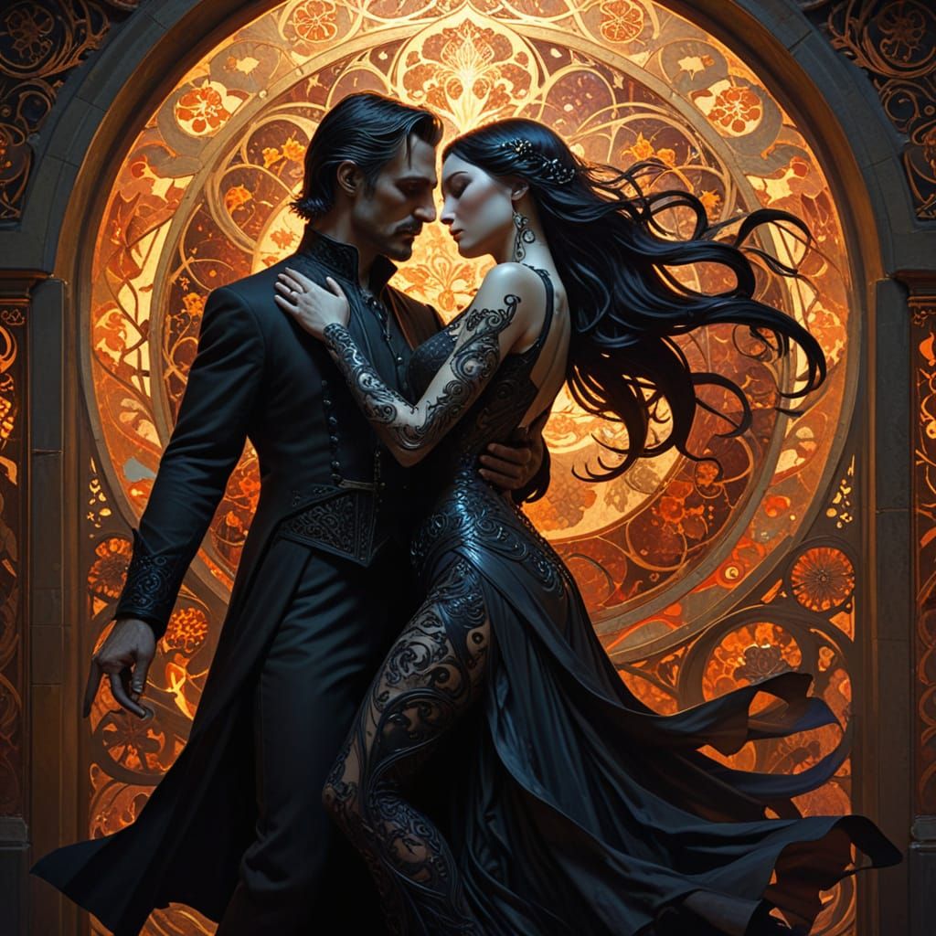 Gomez & Morticia Tango in Dark Fantasy Art Nouveau