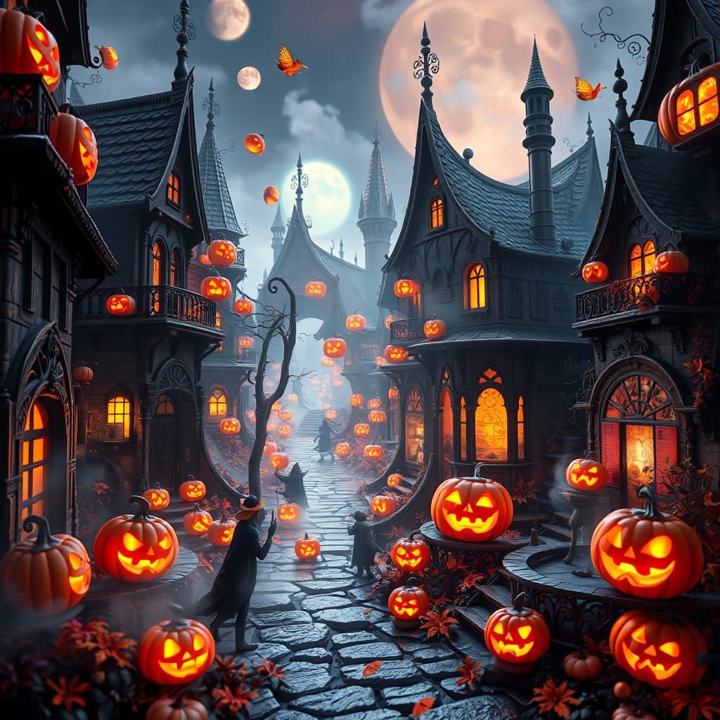 Whimsical Halloween Town with Crystal Figures in Escher Styl...