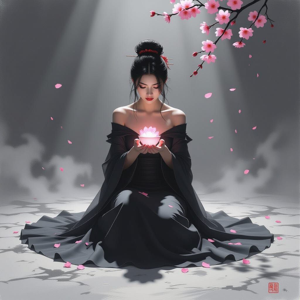 Desperate Asian Princess in Shadow Realm, Charcoal Drawing