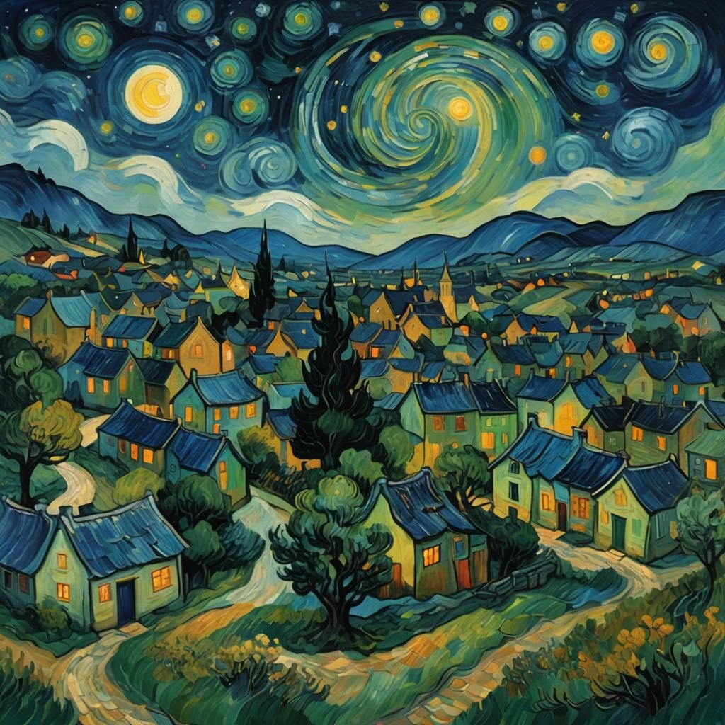 Village Under Swirling Starry Sky as Oil Painting