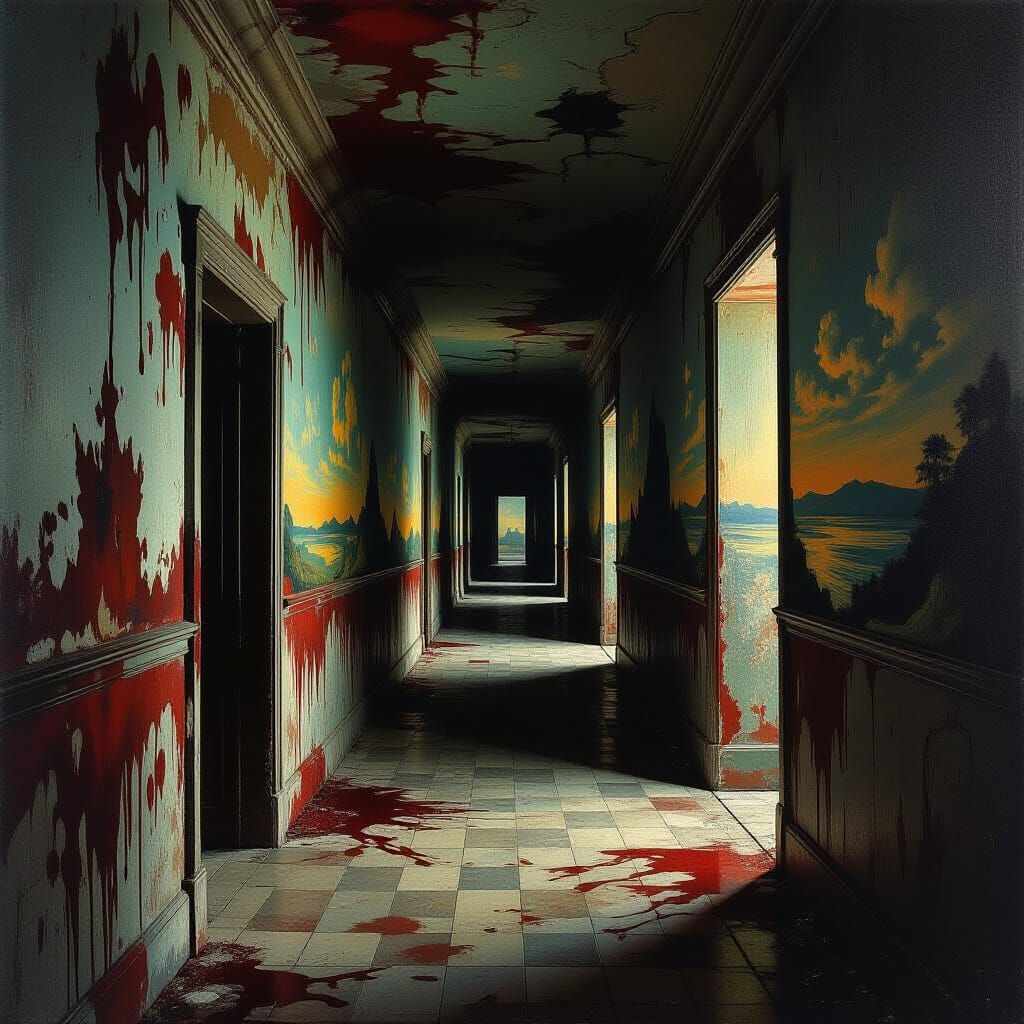 Eerie Abandoned Corridor with Ghostly Wallpaper, Surrealist ...