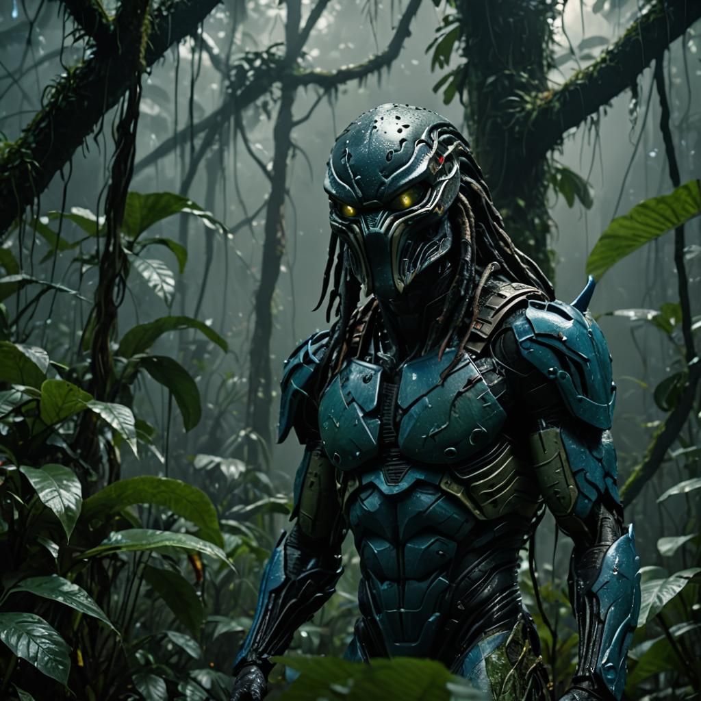 Predator Alien in Misty Rainforest: Cinematic Sci-Fi Horror