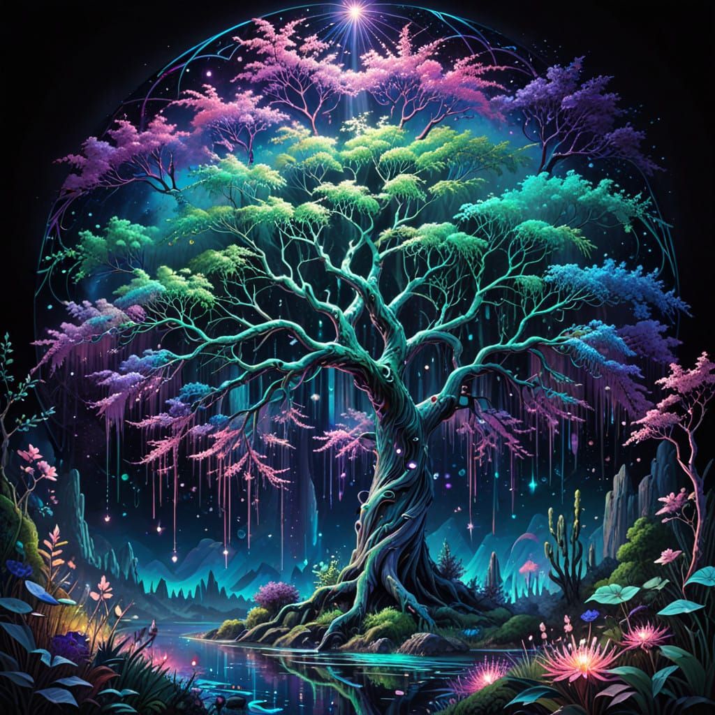 Glowing Divine Weeping Willow in Shimmering Psychedelic Hues