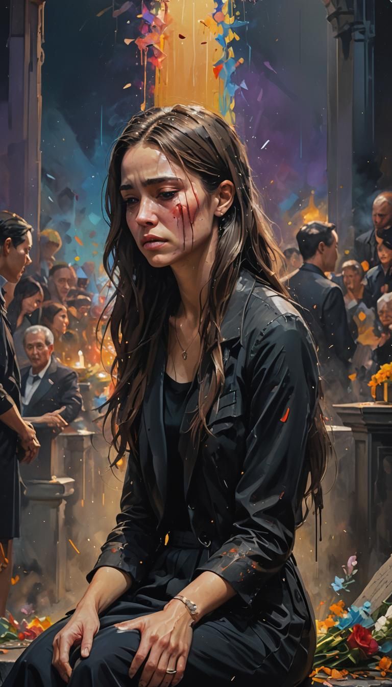 Woman's Grief at Funeral: Hyperrealistic Splash Art