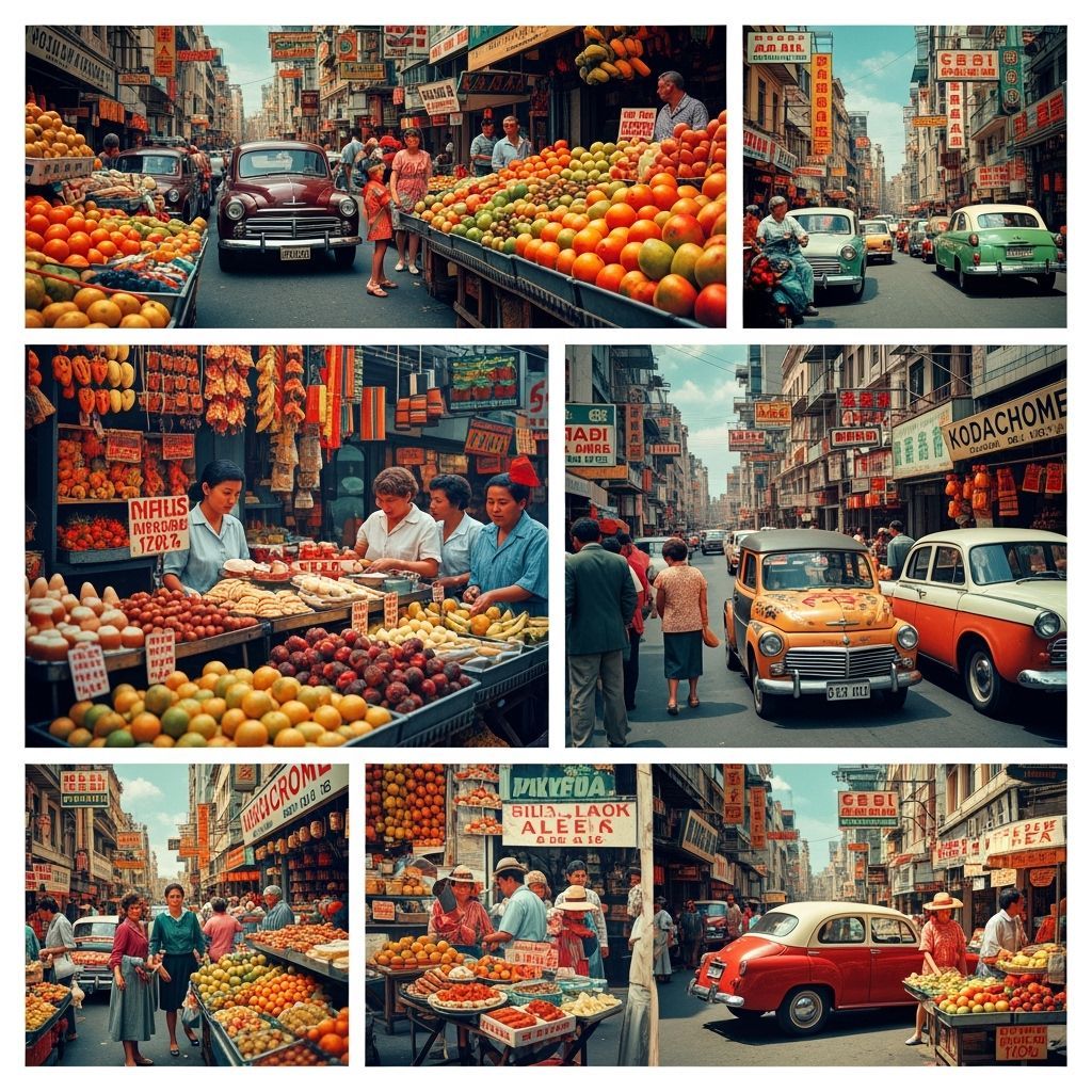 Bustling Vintage Street Market Captured in Vibrant Kodachrom...
