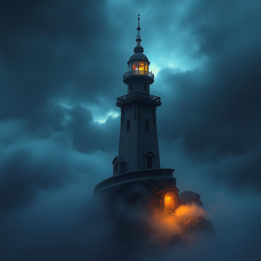 Mystical Lighthouse on Island in Art Nouveau Style