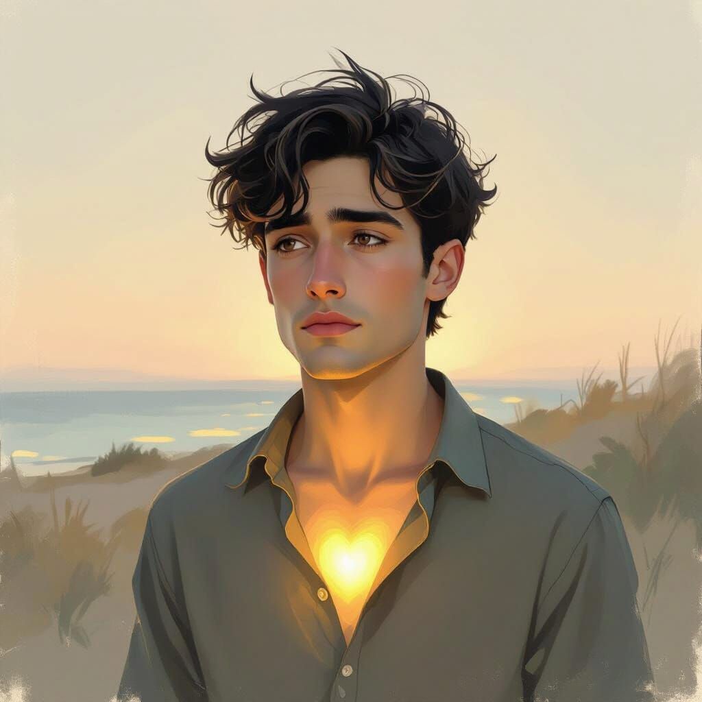 Melancholic Man Radiates Inner Light in Impressionist Style