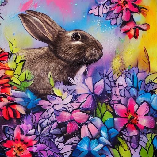 Graffiti Art: Waterfall with Rabbits, Flowers, Butterflies