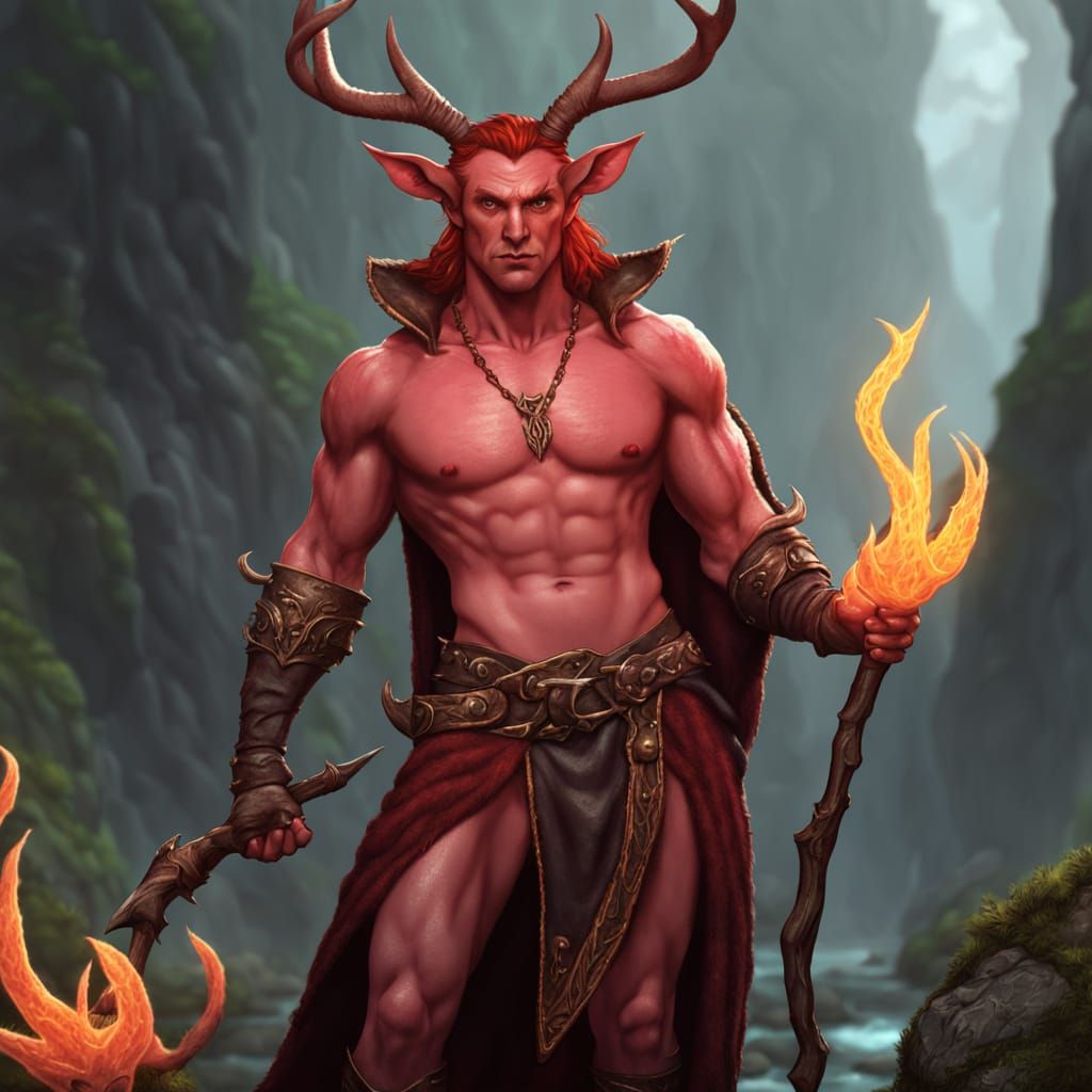 A full-bodied red-skinned beefcake tiefling wizard with antlers.
