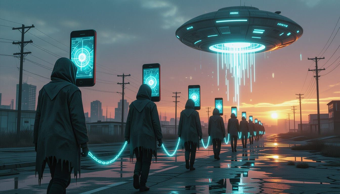 Dystopian Cityscape with Digital Chains in Cyberpunk Style