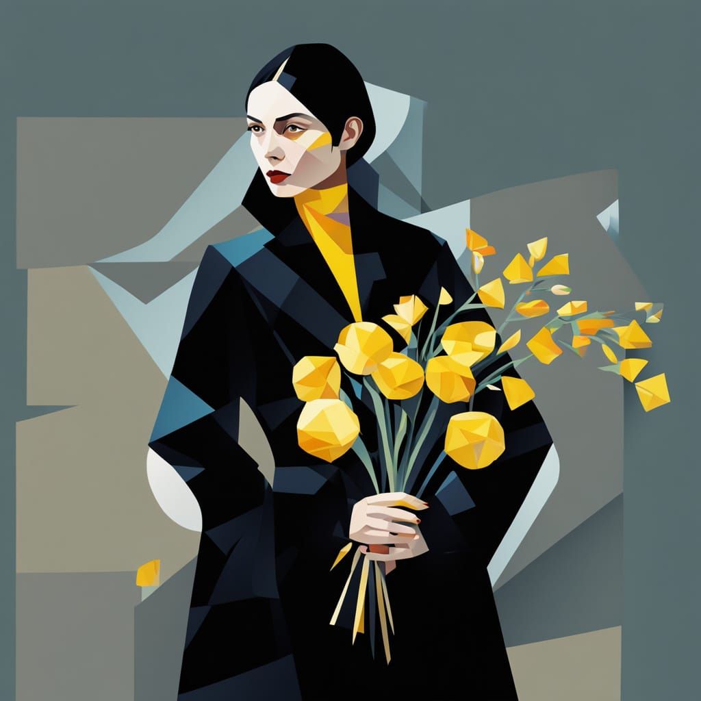 Cubist Russian Woman with Yellow Flowers in Angular Oil Pain...
