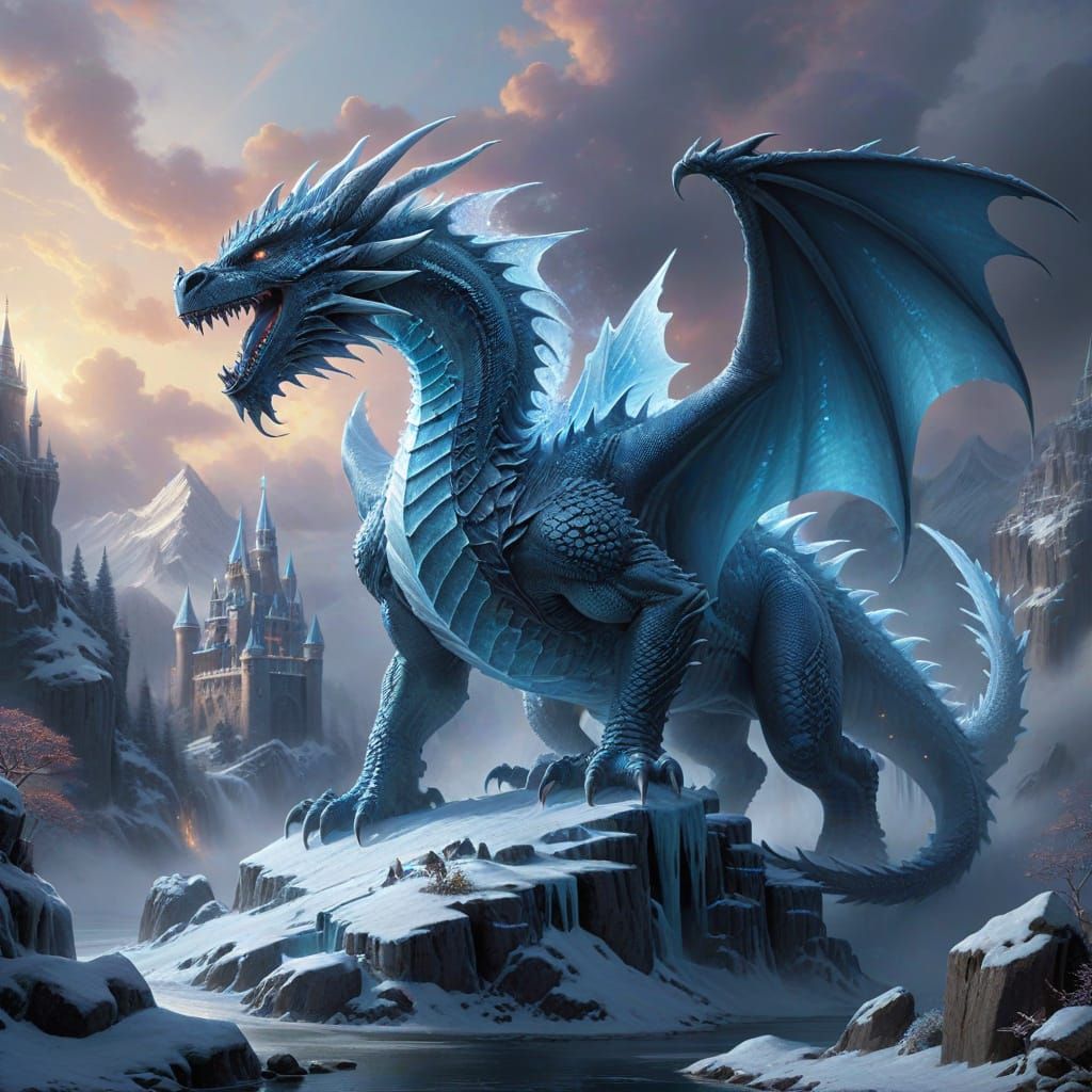 Ethereal Ice Dragon in a Mystical Castle