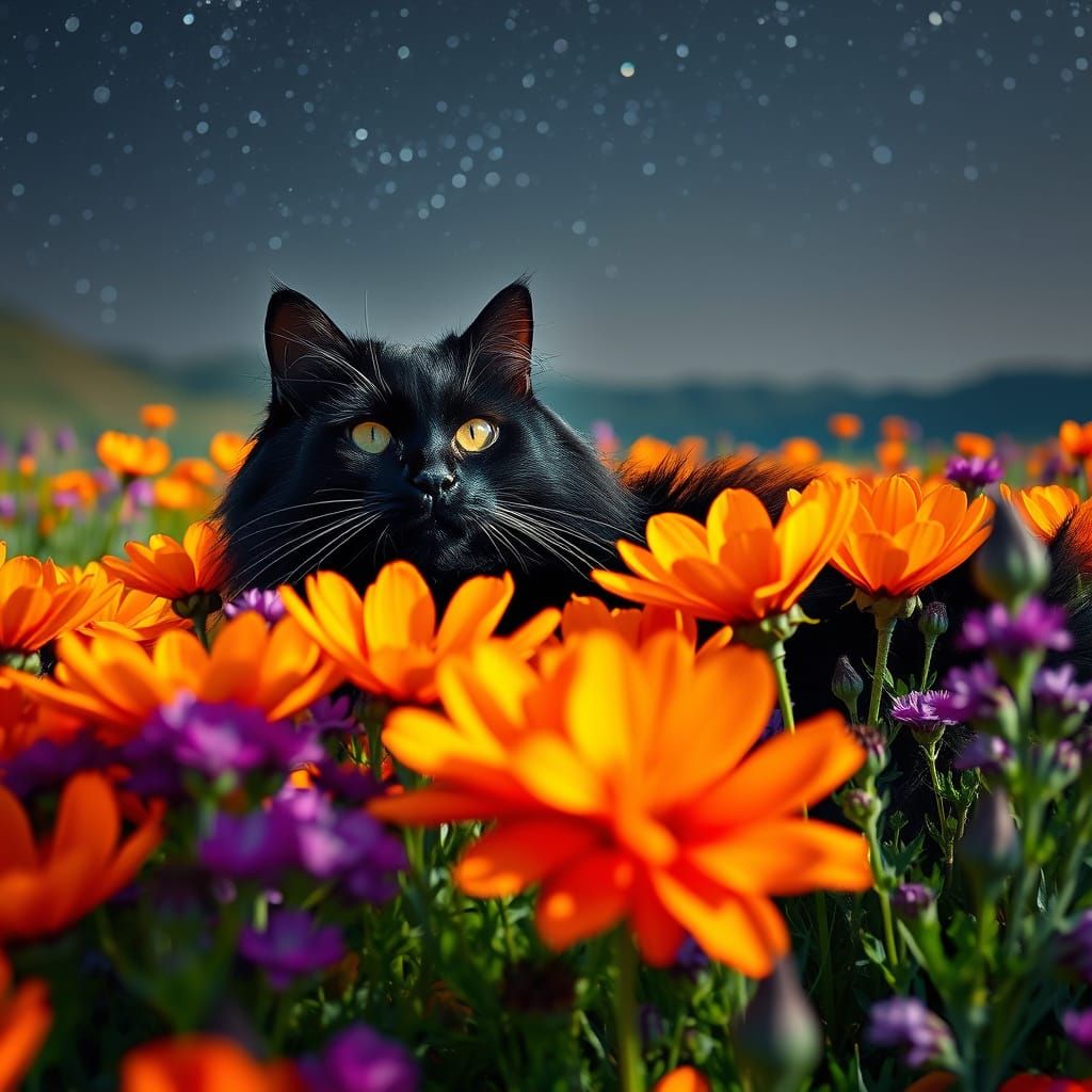 Black Cat Lounging in Alien Flower Field