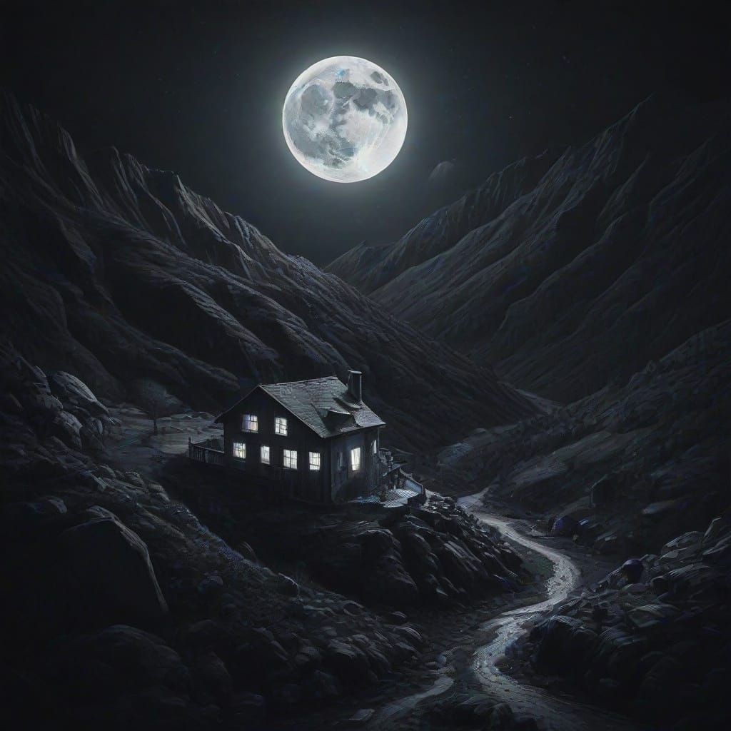 Mountain House Under Moon in Pointillist Charcoal Style