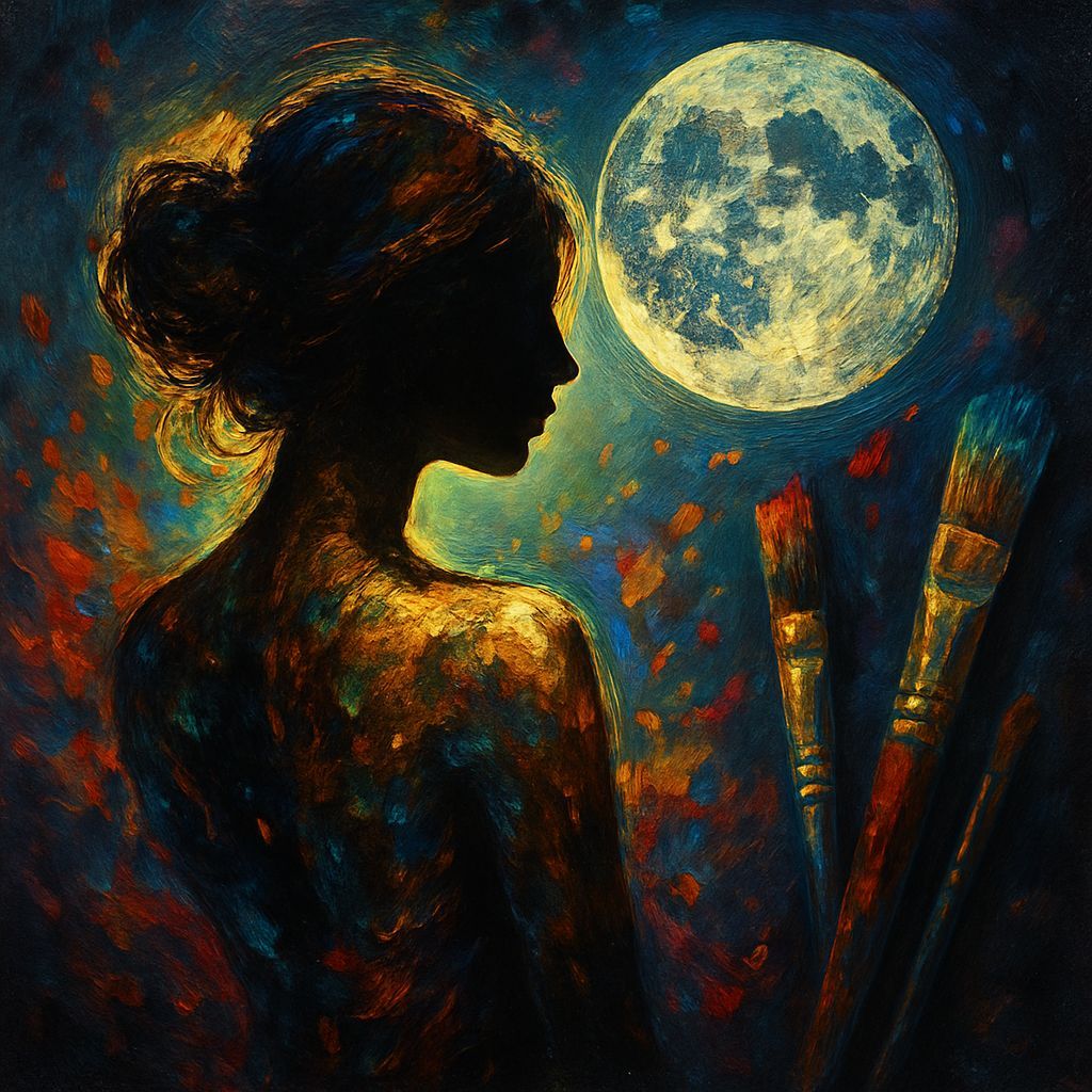 Iridescent Woman Silhouette with Moon, Splash Art