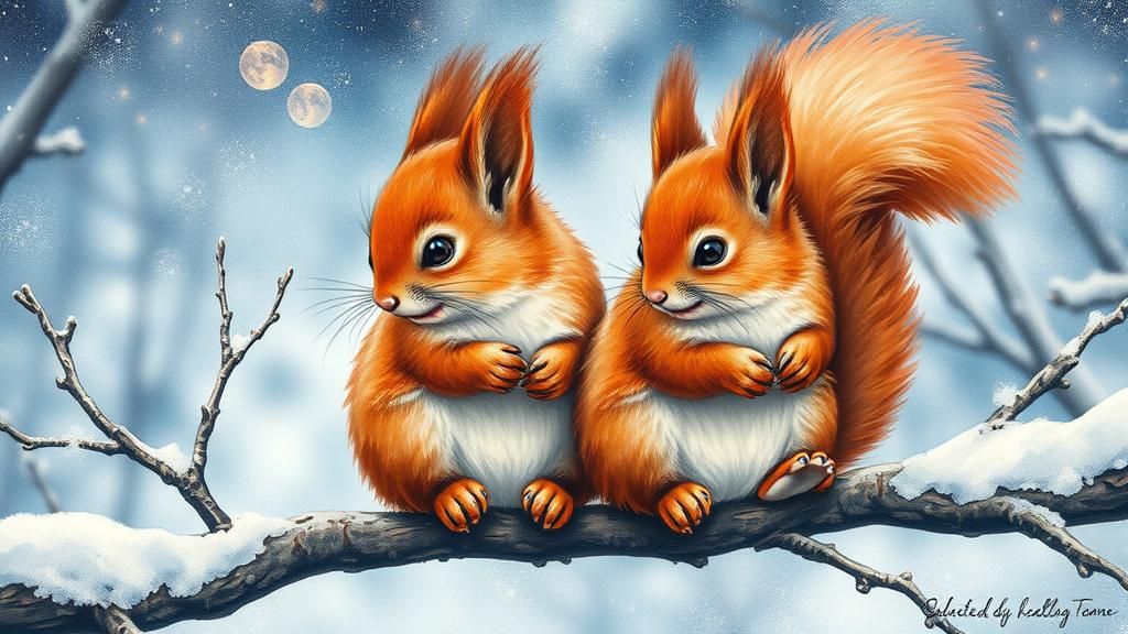 Red Squirrels in Snowy Landscape, Mixed-Media Style
