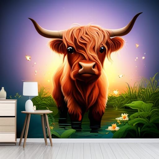 Miniature Highland Cow with Koi Fish in Candyland Art