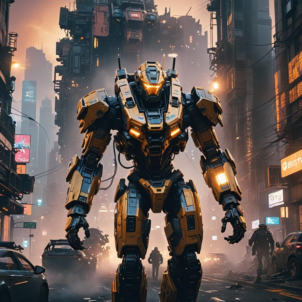 Futuristic Mecha Pilot in War-Torn Cityscape