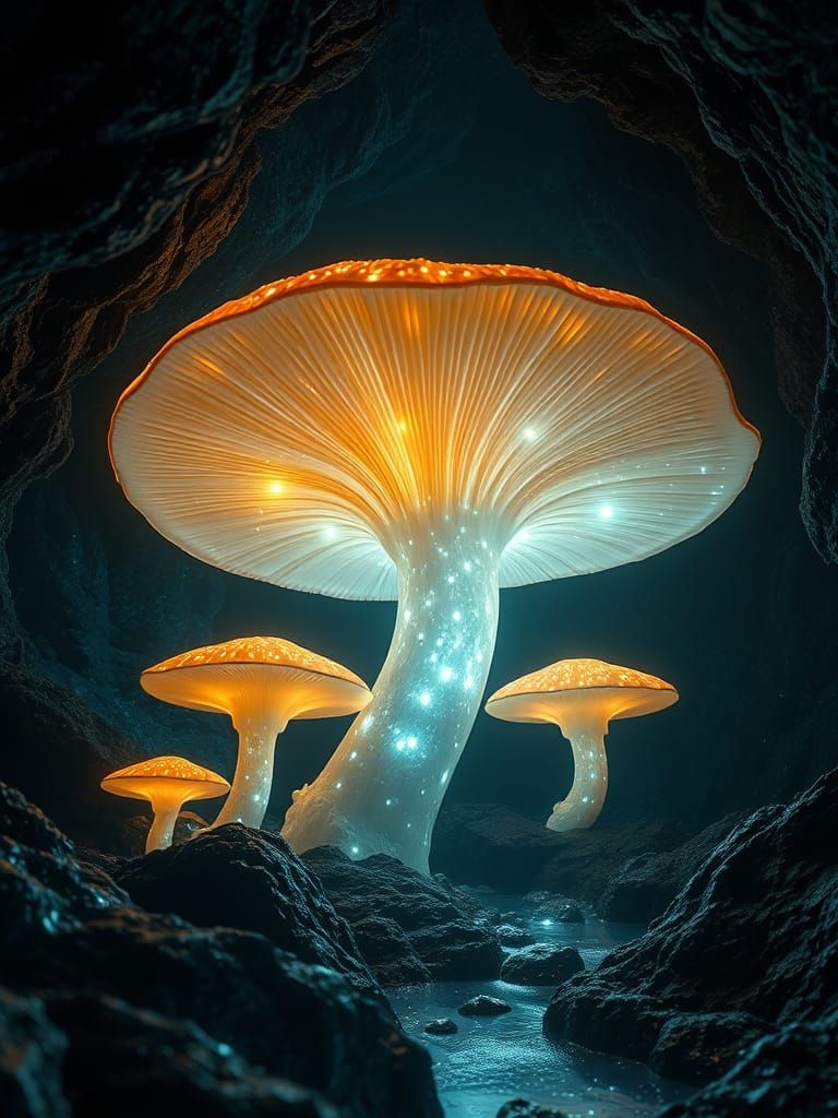 Giant Bioluminescent Mushrooms in Cosmic Caverns of Light