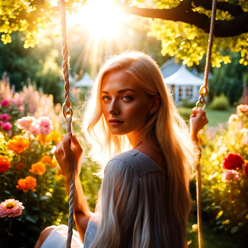 Woman on a Swing in a Swedish Garden