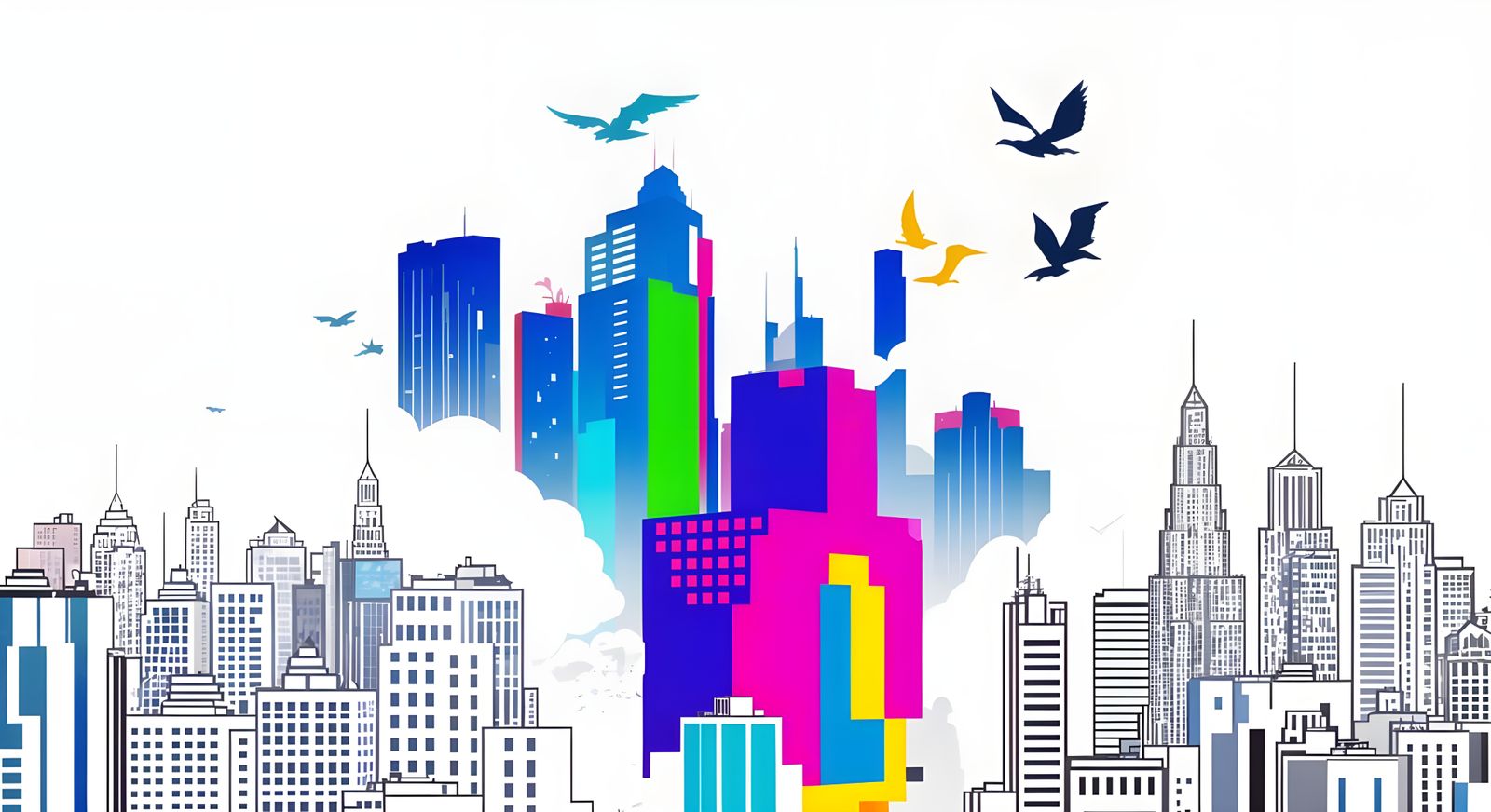 Neon Pixel Art Cityscape in Abstract Expressionist Style