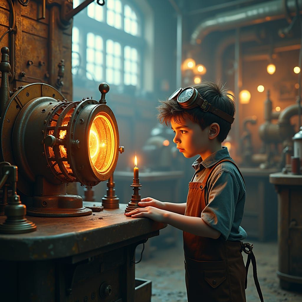 Boy in Mystical Factory with Caliber, Dreamlike Art