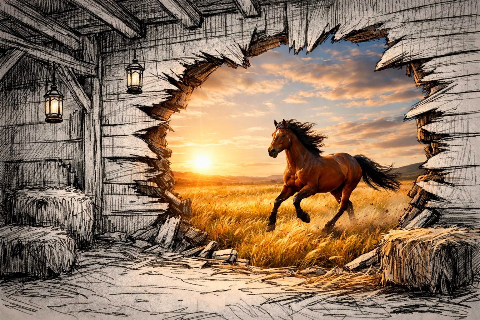 Barn Interior Opens to Realistic Wild Horse in Grassland