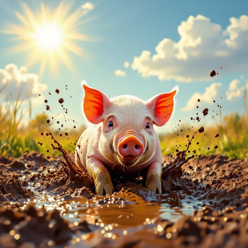 Joyful Piglet Rolling in Mud - Impasto Oil Painting