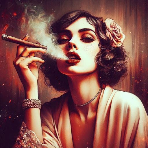 Vintage Italian Woman Smoking Cigar in Splash Art