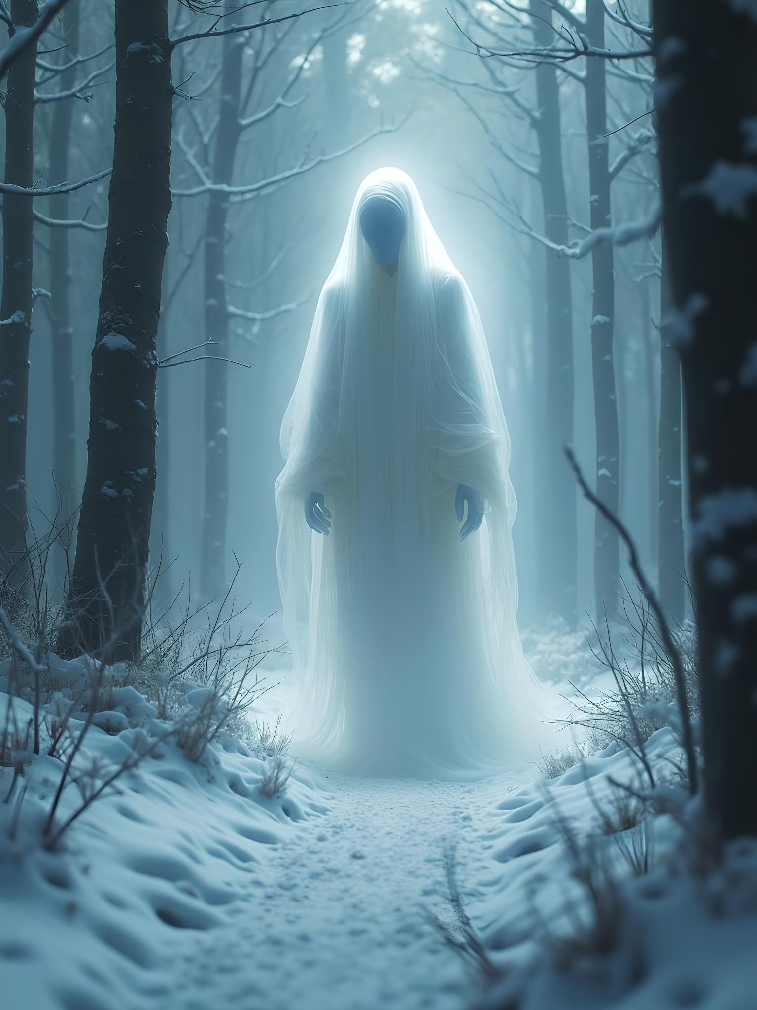 Ethereal Ghost Wanders Through a Winter Forest