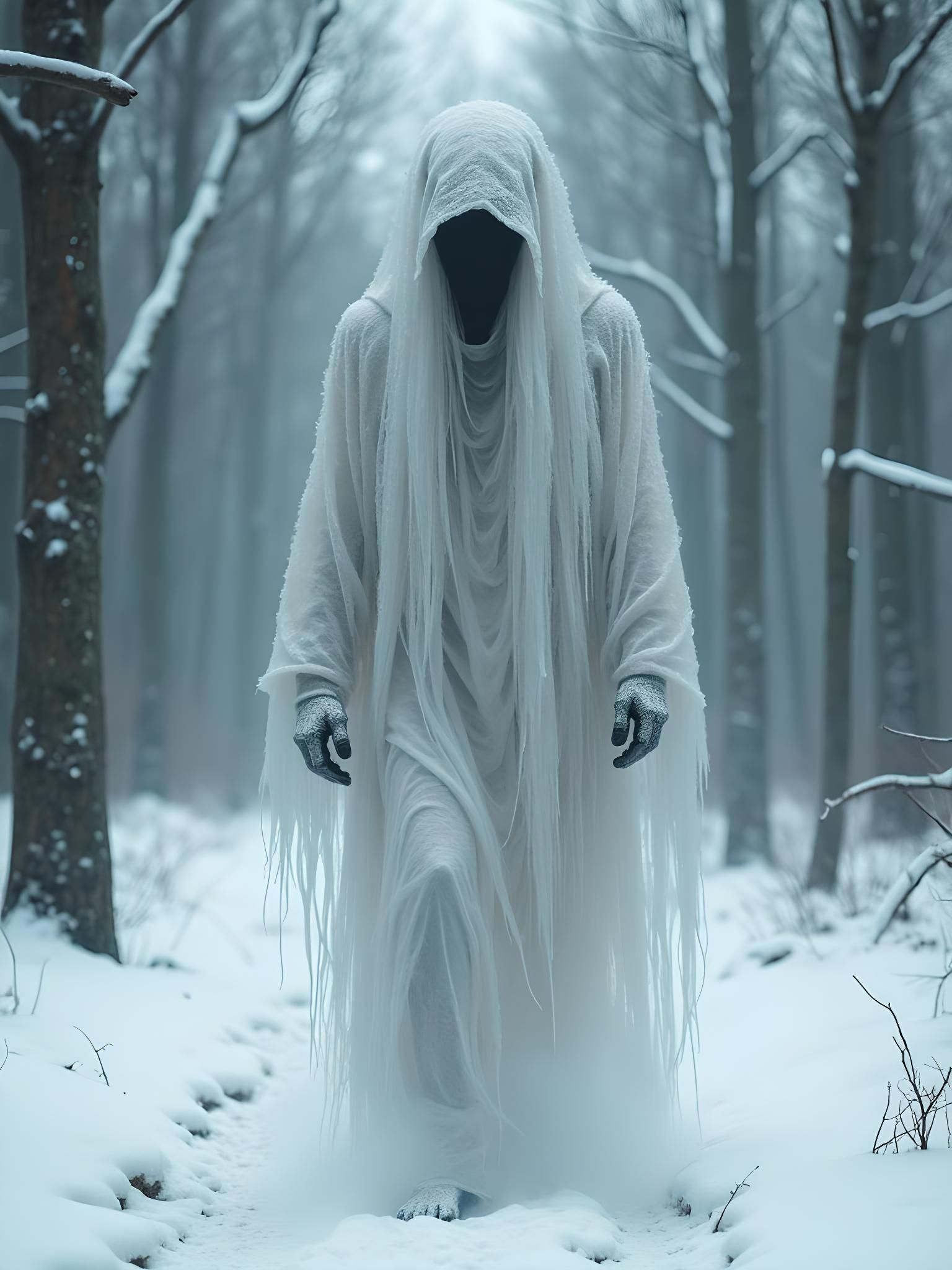 Creepy Ghost Wandering Through Winter Forest