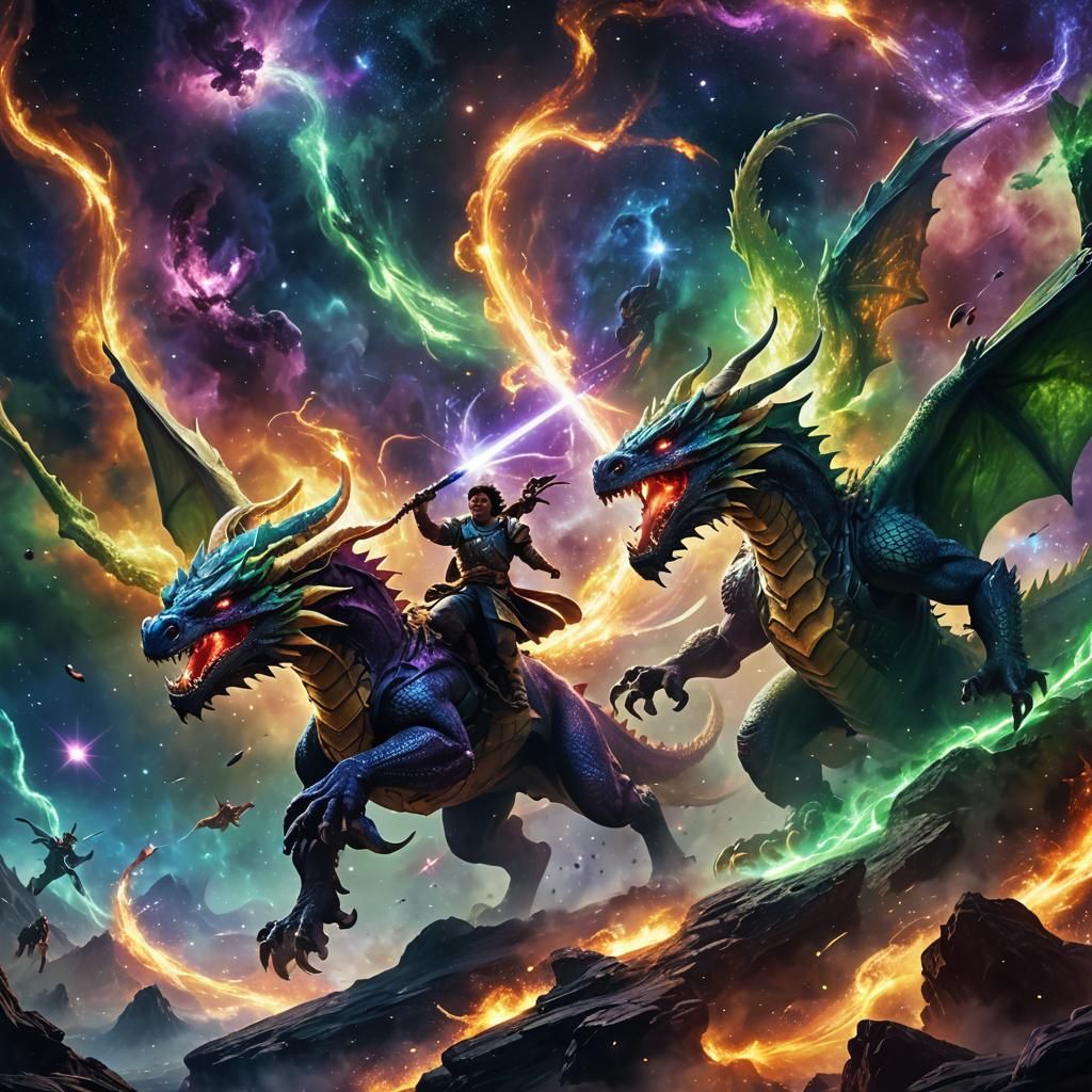 Dragon Warrior Battle in Space, Science Fantasy Art