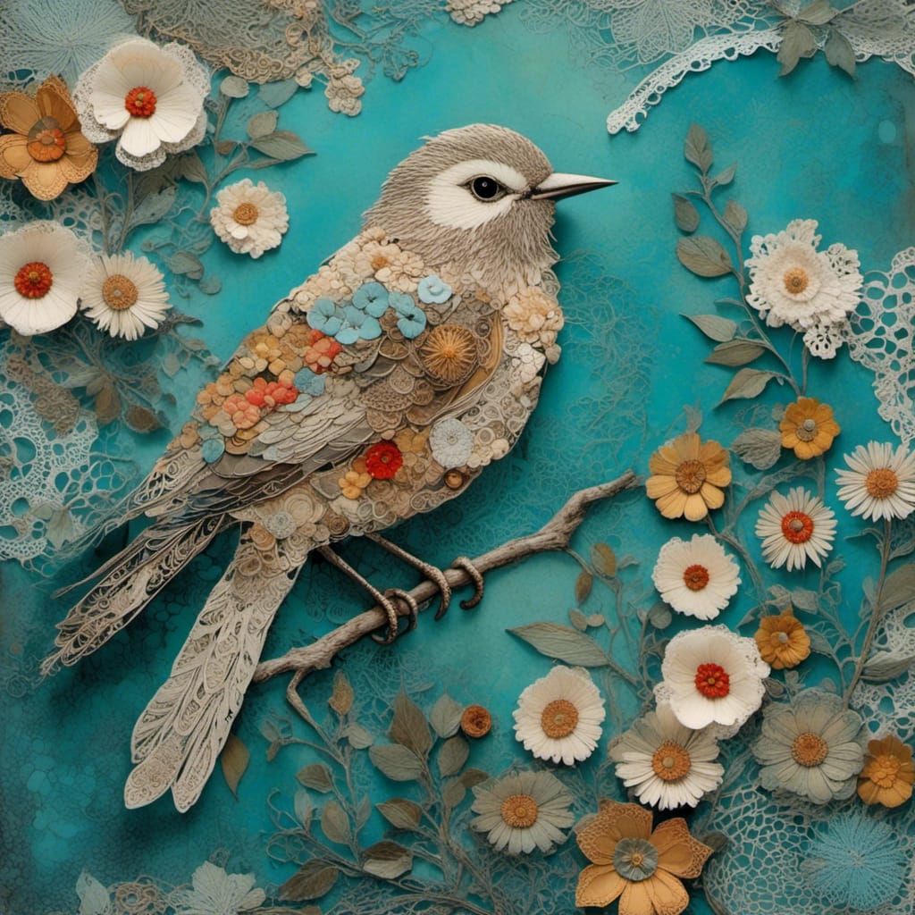 Ethereal Bird Collage in Whimsical Paper Art