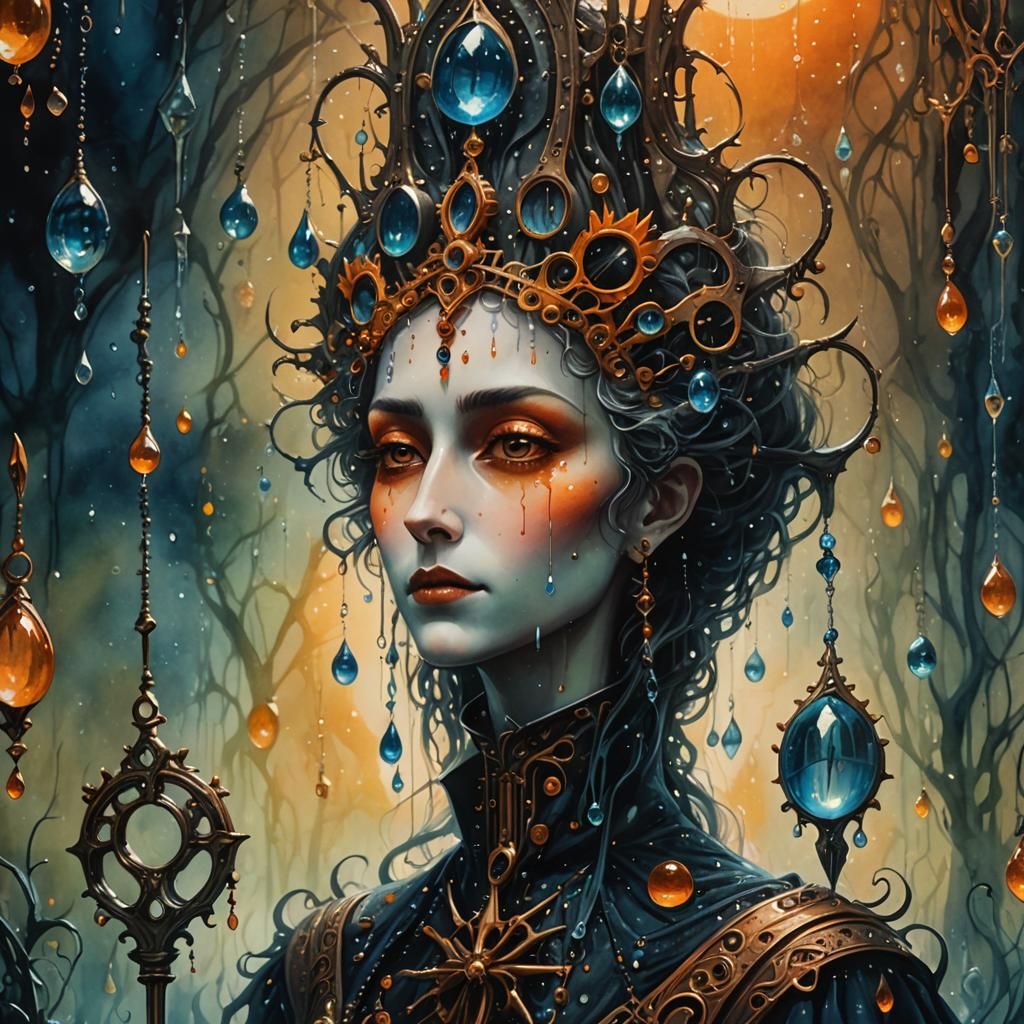 Dew Drops on Gothic Keys: Surreal Watercolor