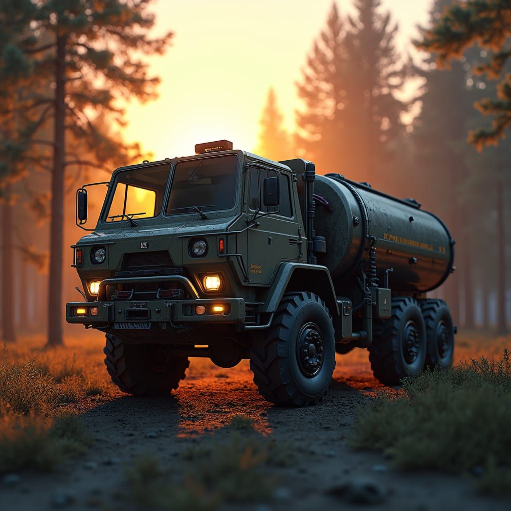 Surreal Military Truck in Dense Forest at Sunset