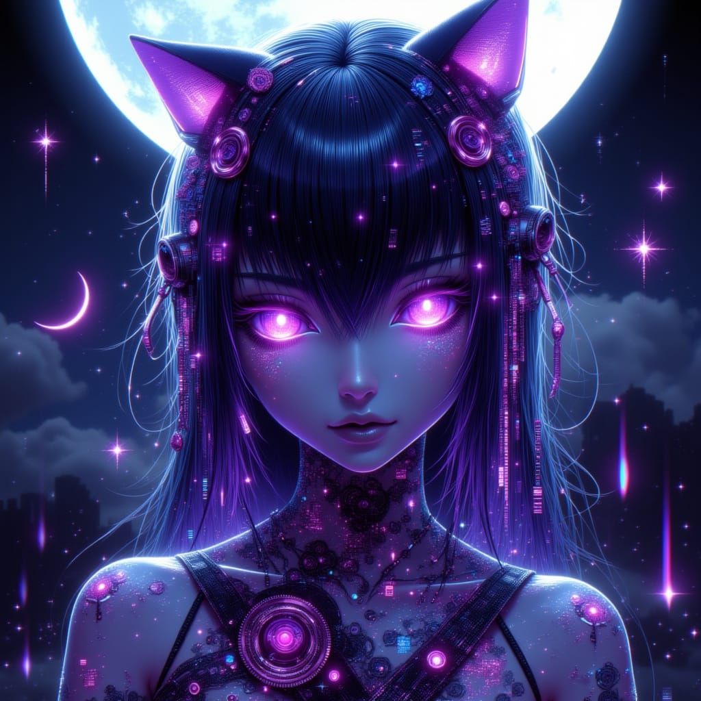 Goth Cyborg Female with Cat Ears in Bioluminescent Attire