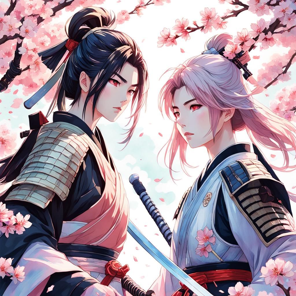 Pastel Anime Samurai Swordfight in Cherry Orchard
