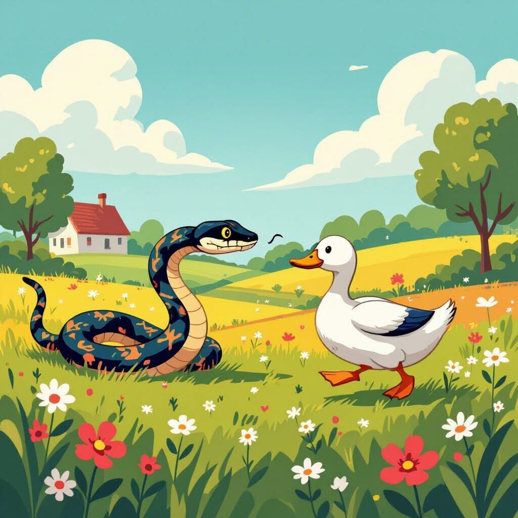 Whimsical Snake Chasing Duck in Countryside